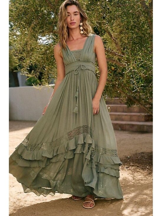 Free People Dresses & Skirts - NWT Free People Santa Maria Maxi in Olive Green Crochet Lace Trim Dress XS